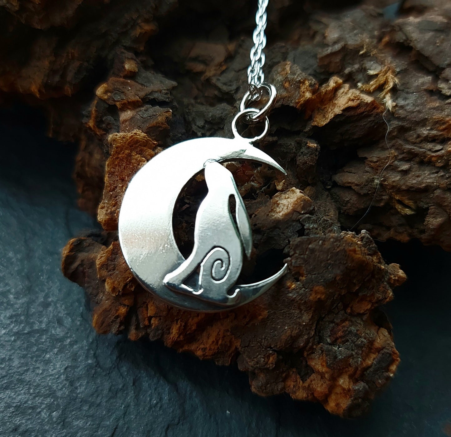 Small Silver Hare and moon necklace ,pendant Hare crescent moon pendant in sterling silver