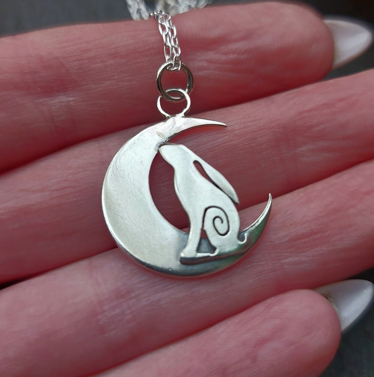 Small Silver Hare and moon necklace ,pendant Hare crescent moon pendant in sterling silver
