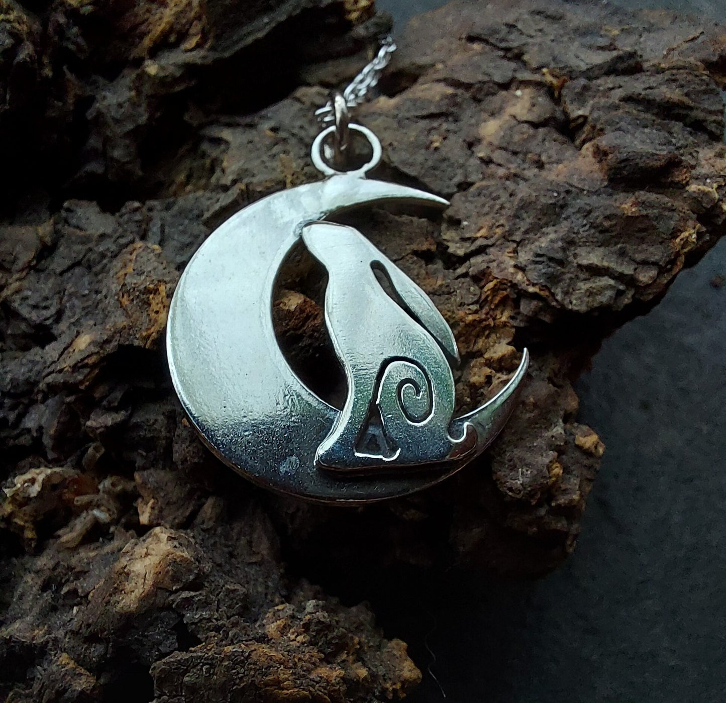 Small Silver Hare and moon necklace ,pendant Hare crescent moon pendant in sterling silver