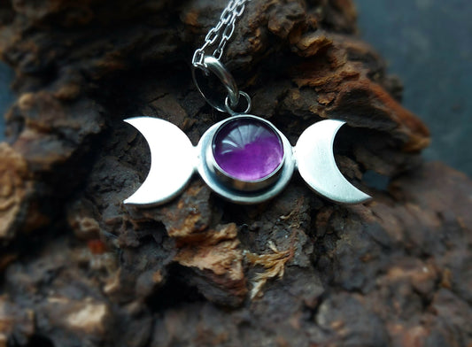 Silver Triple Moon with Amethyst Crescent Moon Celestial Pendant