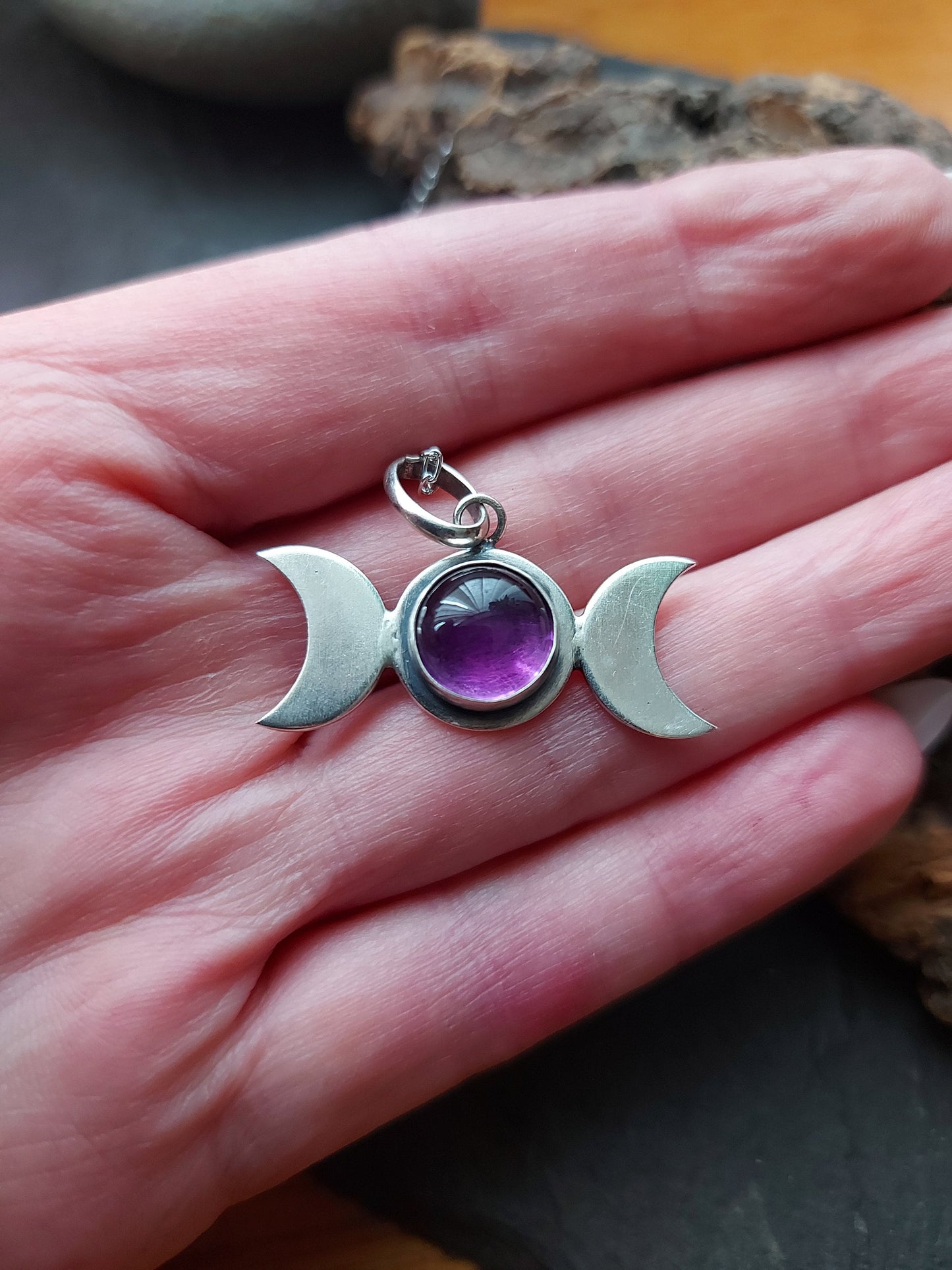 Silver Triple Moon with Amethyst Crescent Moon Celestial Pendant