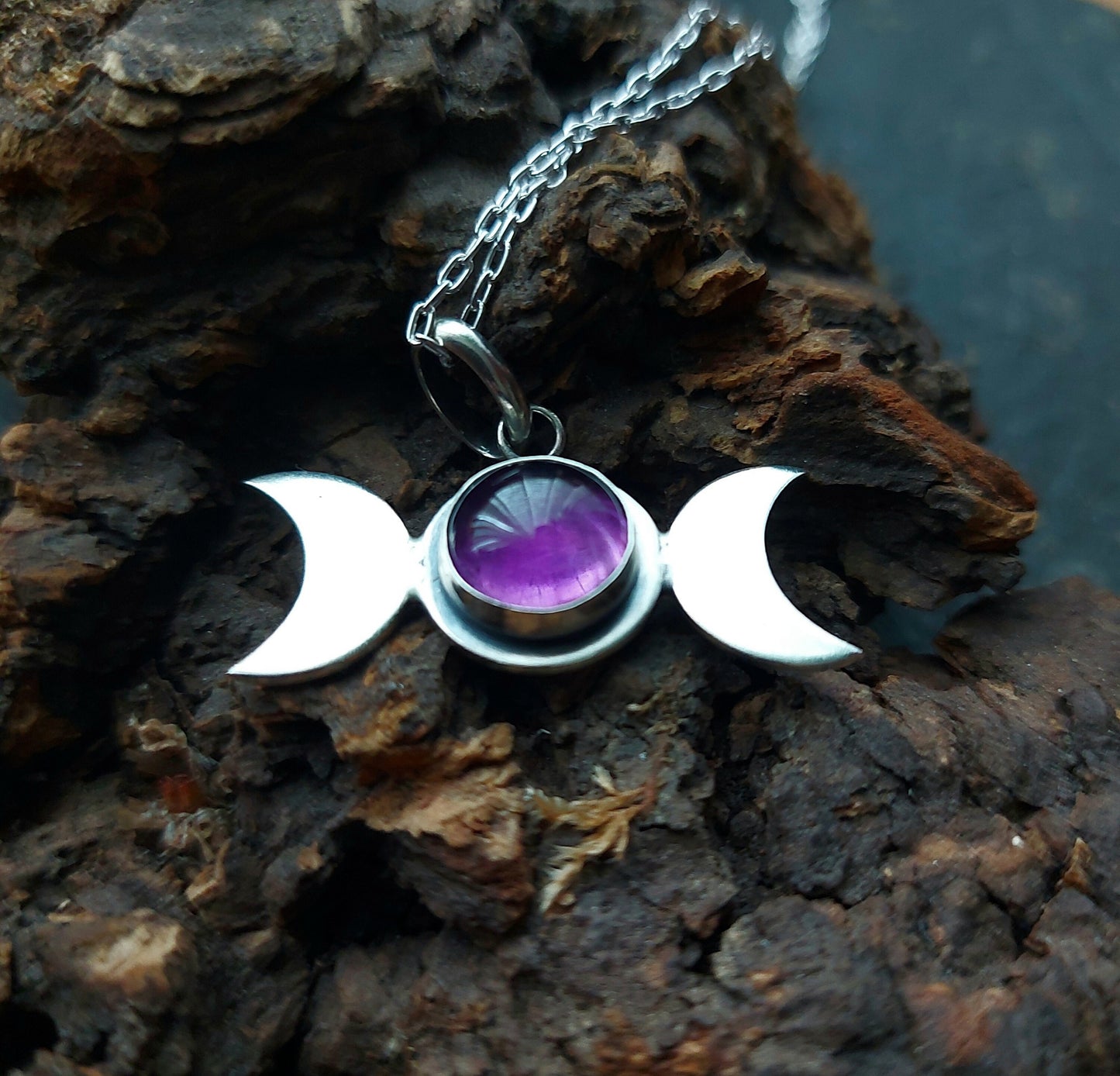 Silver Triple Moon with Amethyst Crescent Moon Celestial Pendant
