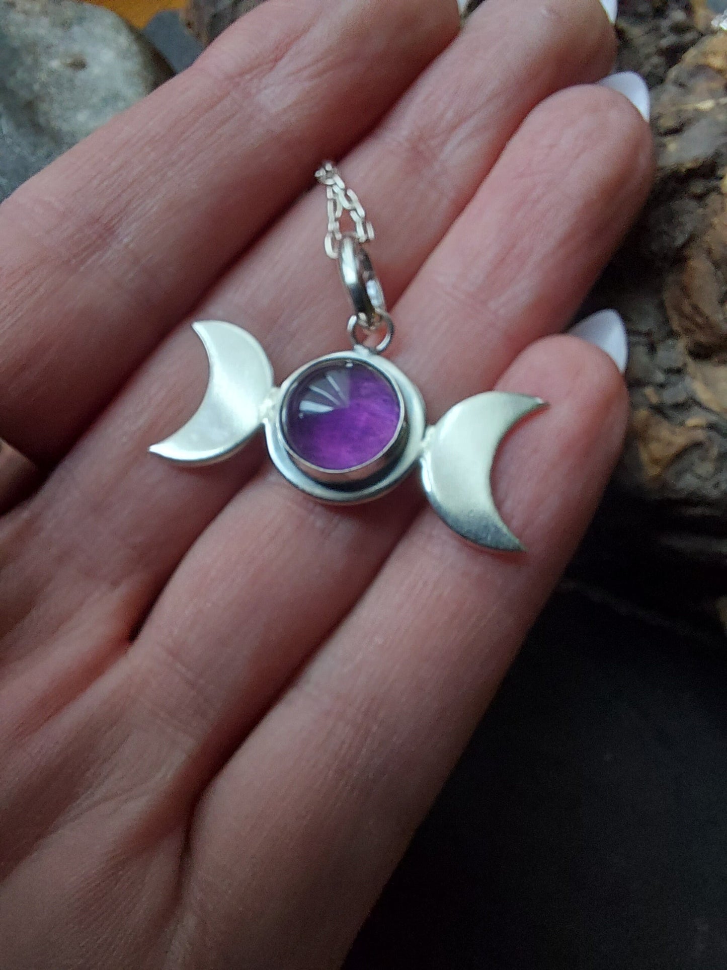 Silver Triple Moon with Amethyst Crescent Moon Celestial Pendant