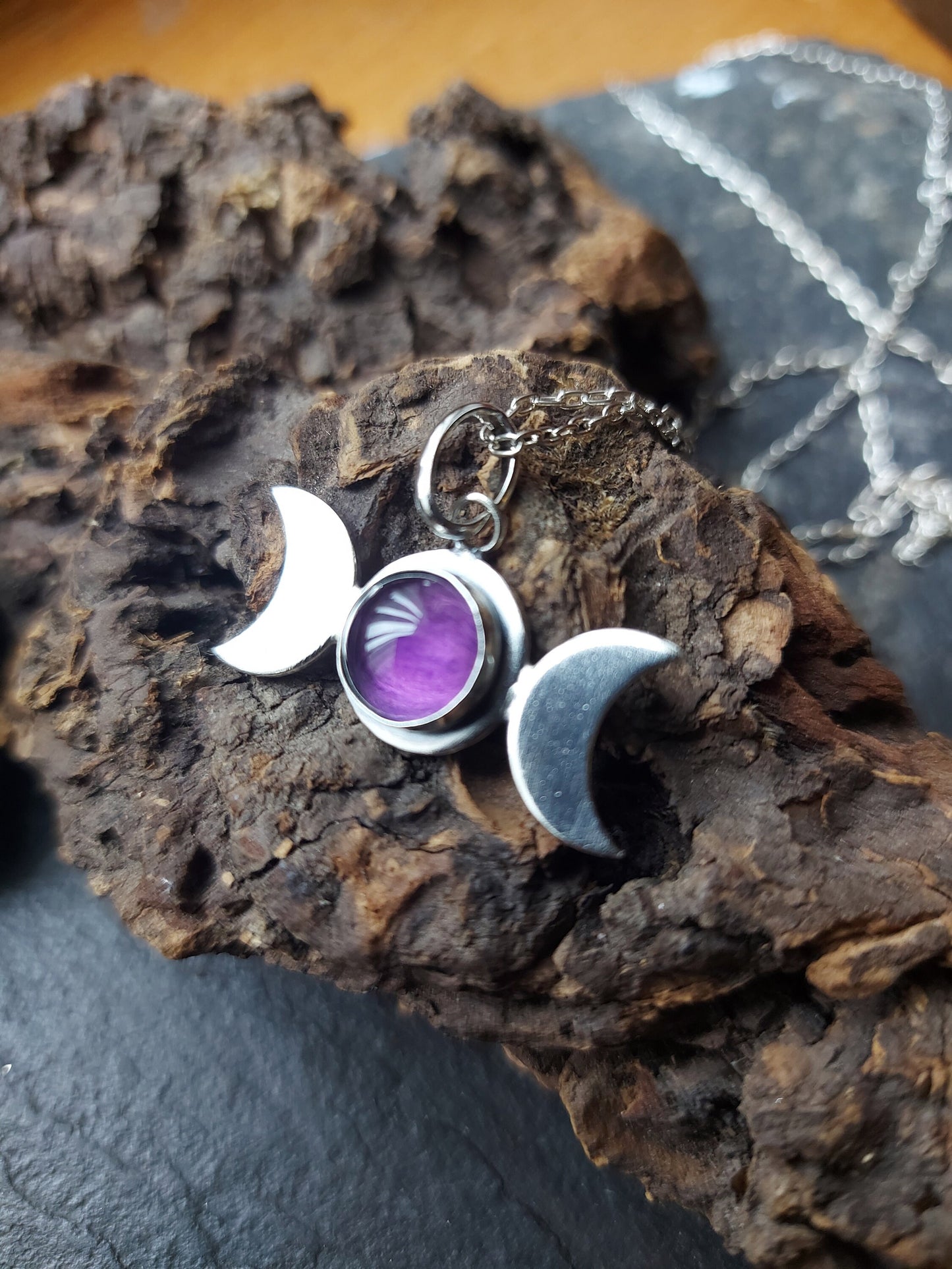 Silver Triple Moon with Amethyst Crescent Moon Celestial Pendant