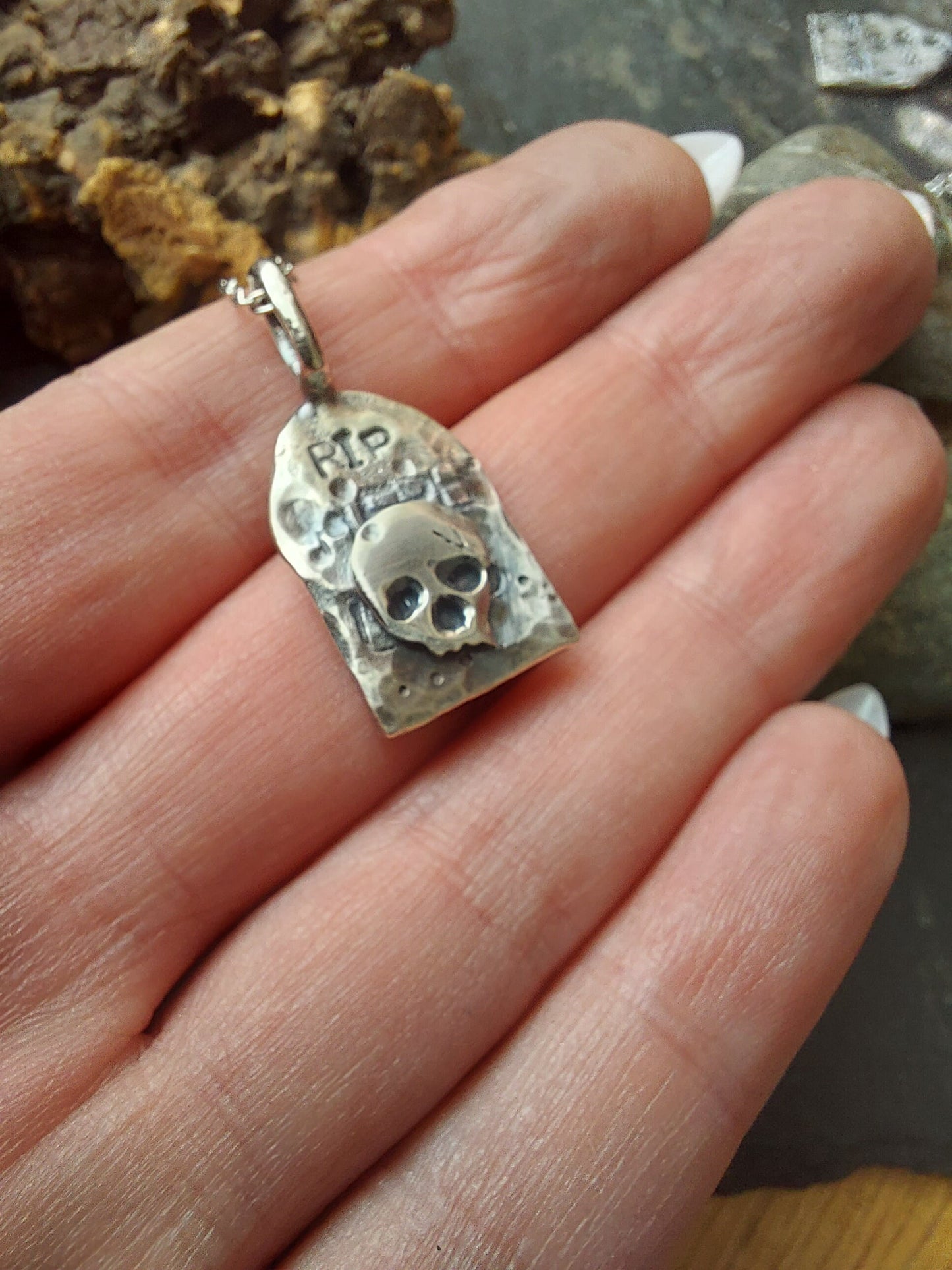 Silver tombstone RIP pendant , skull hammered silver necklace