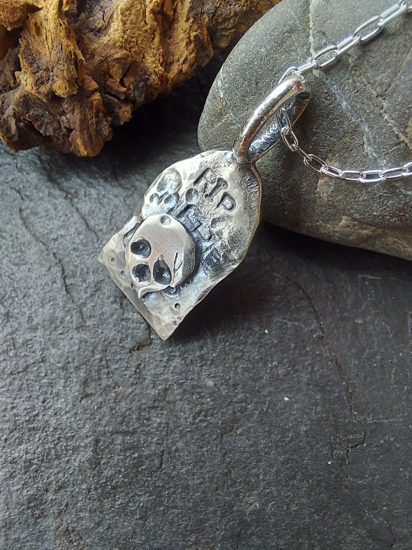 Silver tombstone RIP pendant , skull hammered silver necklace