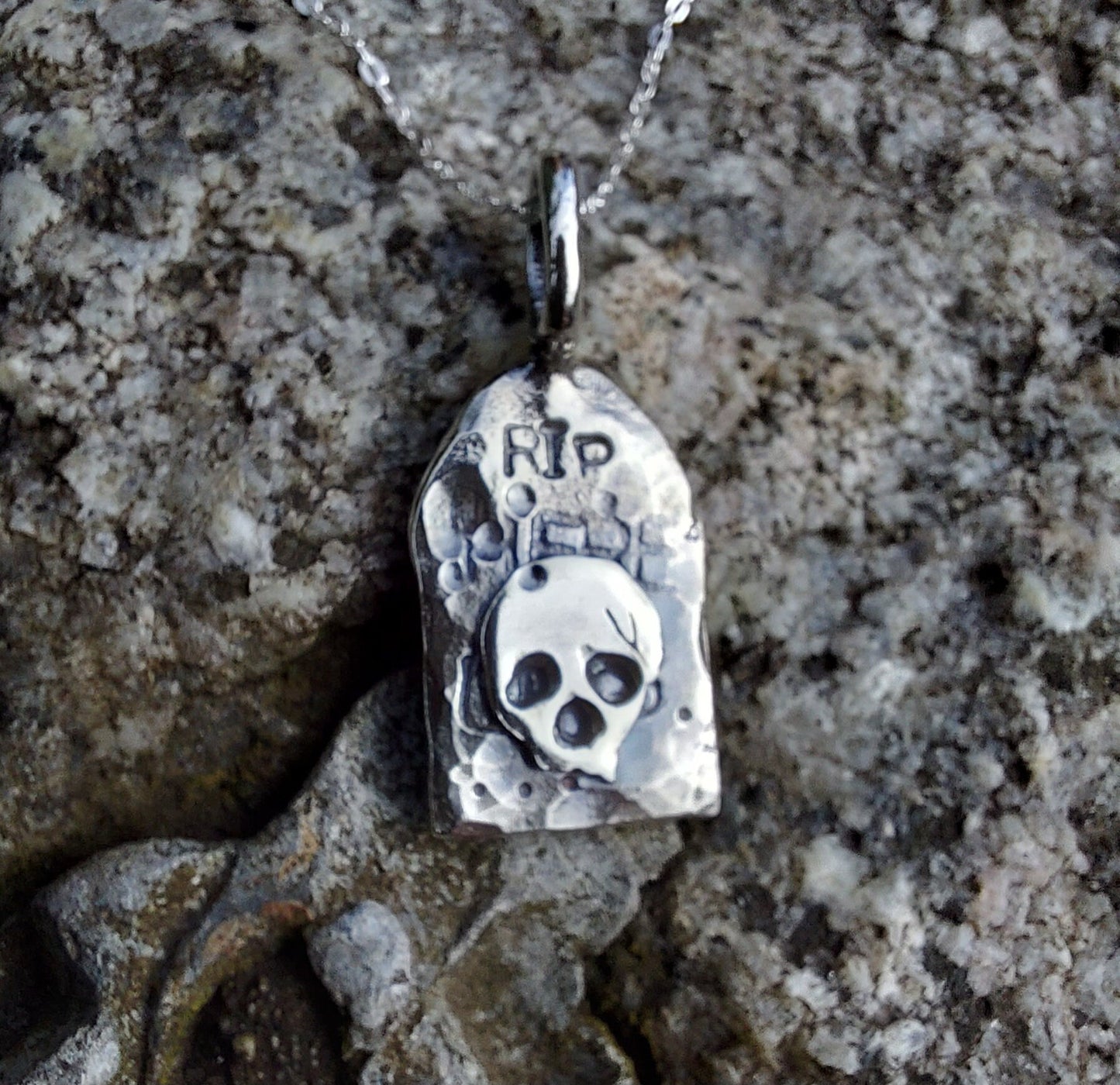 Silver tombstone RIP pendant , skull hammered silver necklace