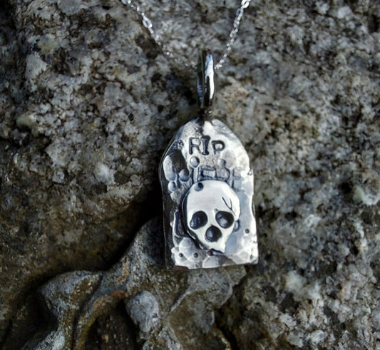 Silver tombstone RIP pendant , skull hammered silver necklace