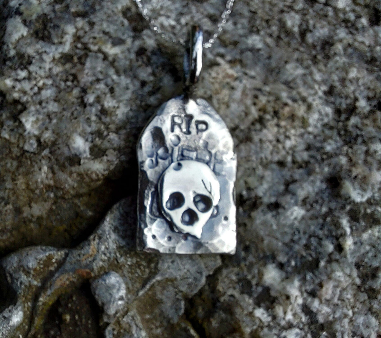 Silver tombstone RIP pendant , skull hammered silver necklace