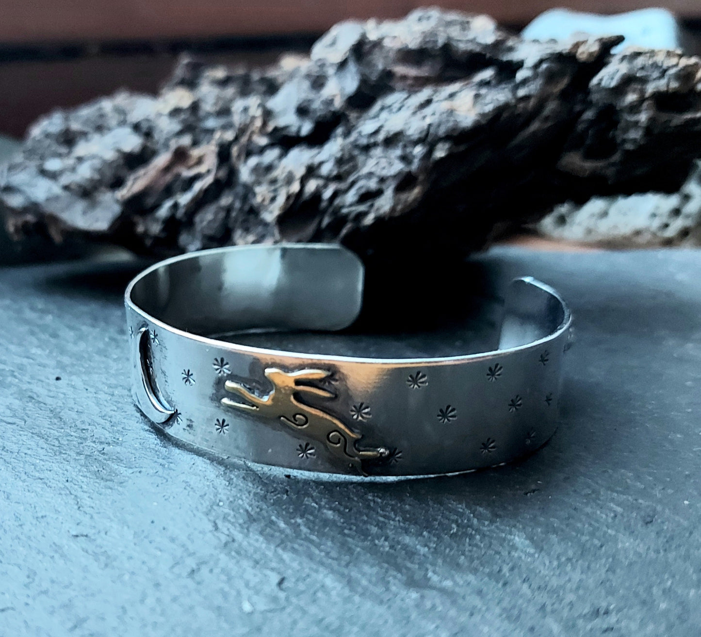 Silver leaping hare with Moon and Stars cuff bangle bracelet with star and moon accents and brass hare with little silver balls
