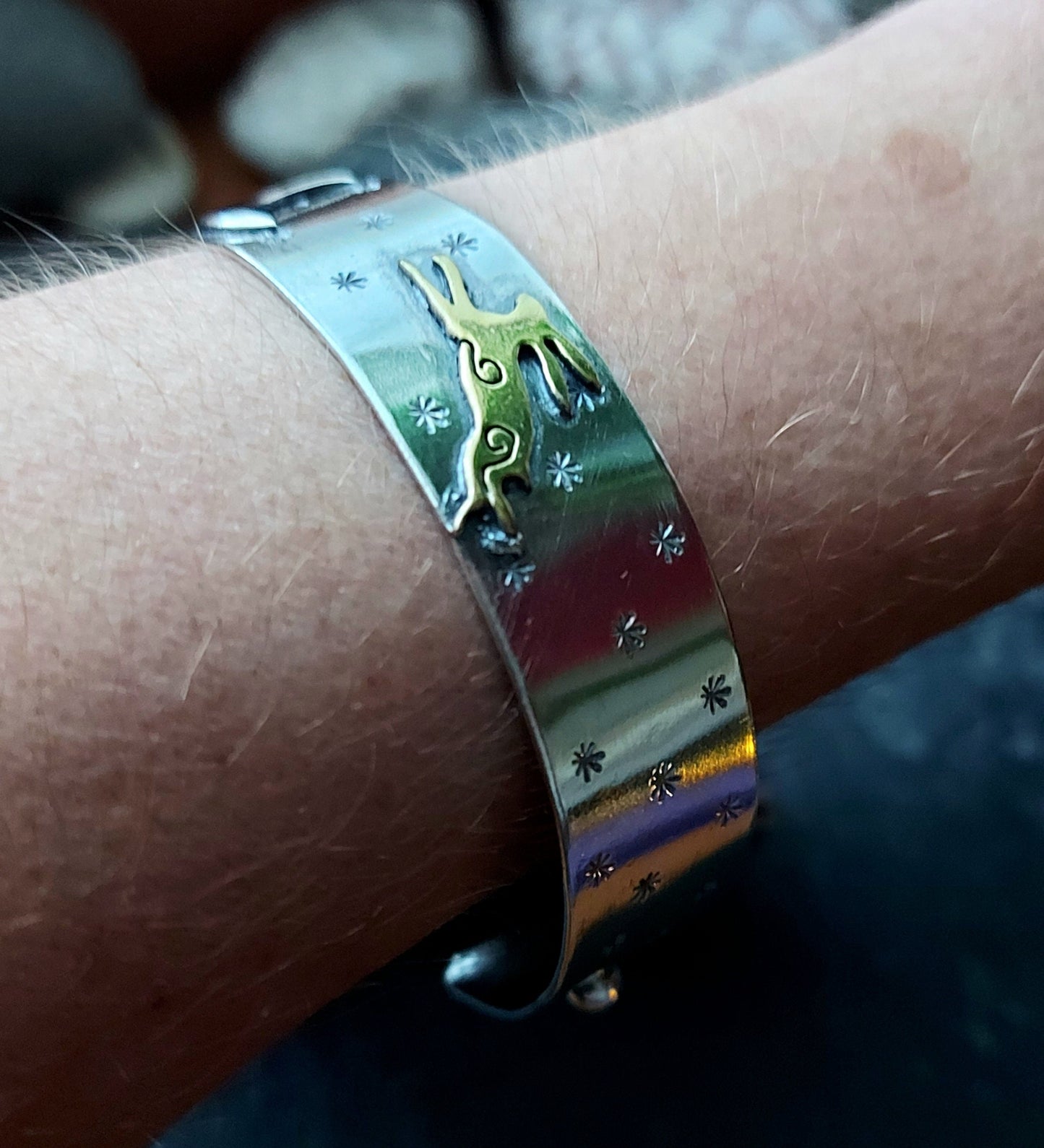 Silver leaping hare with Moon and Stars cuff bangle bracelet with star and moon accents and brass hare with little silver balls