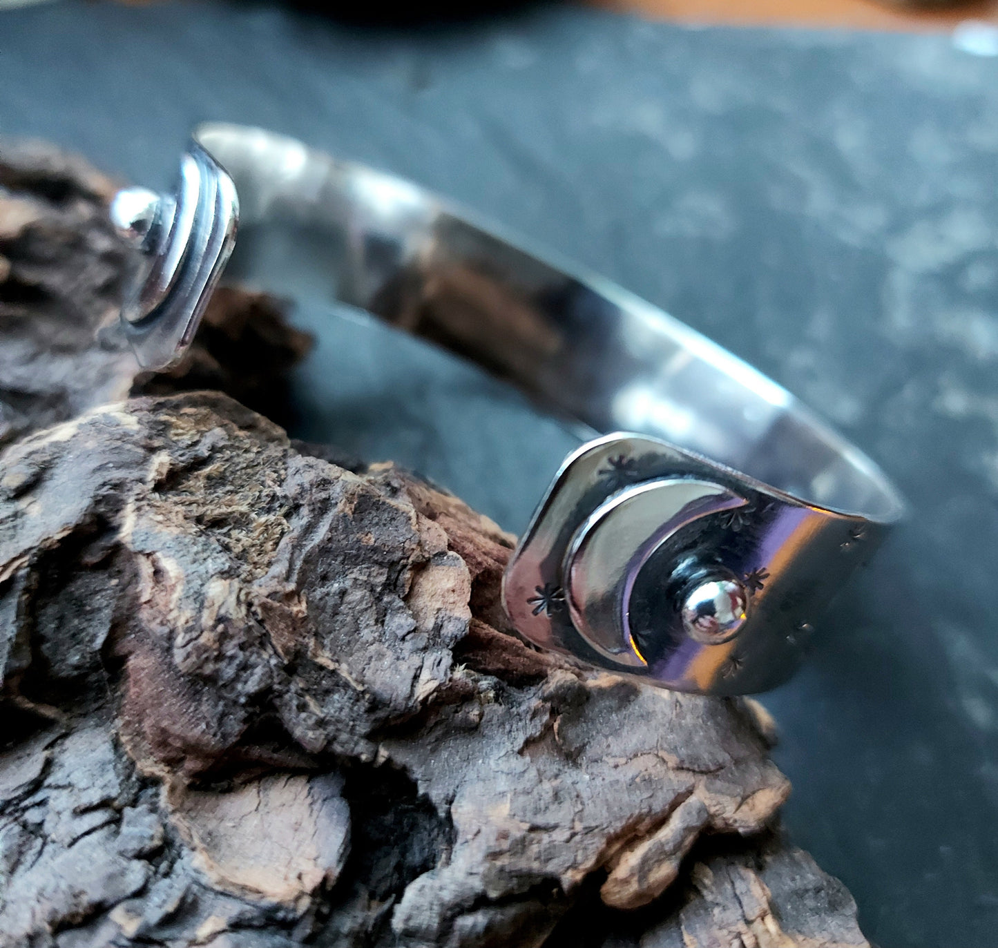 Silver leaping hare with Moon and Stars cuff bangle bracelet with star and moon accents and brass hare with little silver balls