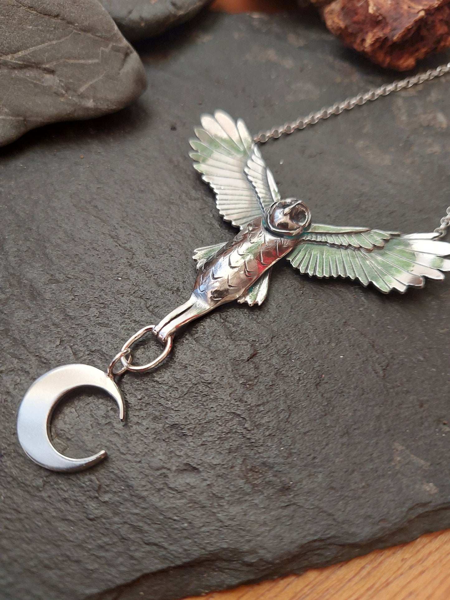 Silver Handmade owl , with crescent moon drop flying sterling owl necklace in sterling silver