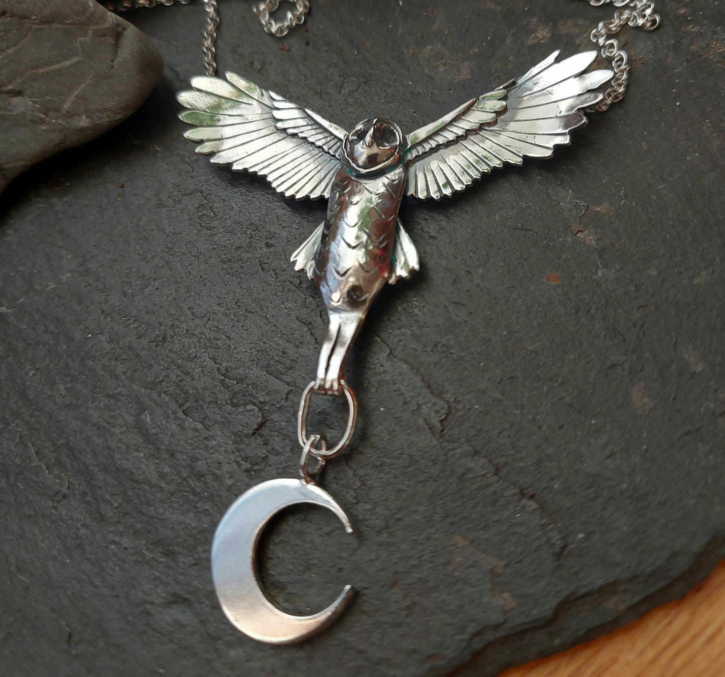 Silver Handmade owl , with crescent moon drop flying sterling owl necklace in sterling silver