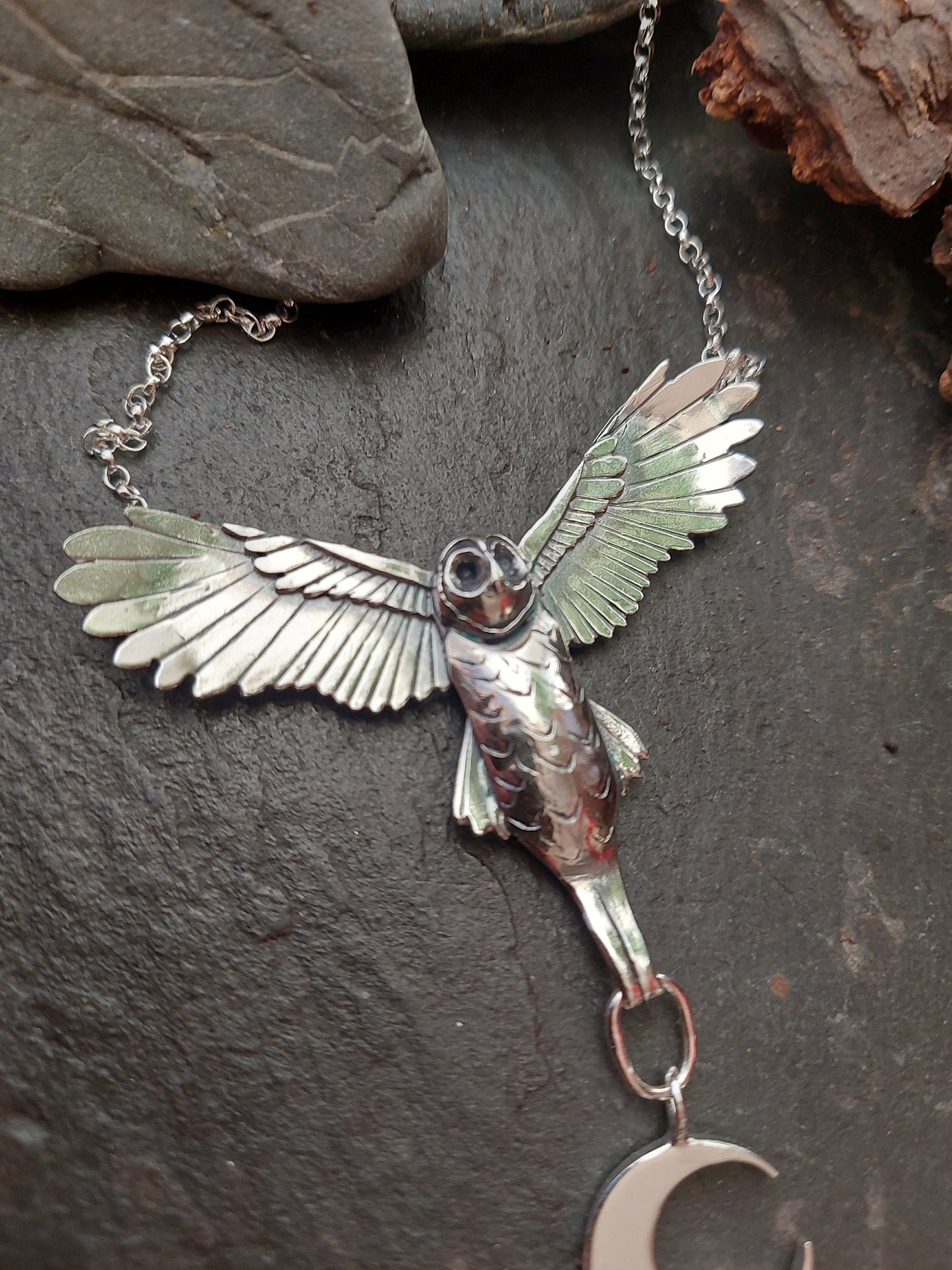 Silver Handmade owl , with crescent moon drop flying sterling owl necklace in sterling silver