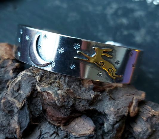 Silver leaping hare with Moon and Stars cuff bangle bracelet with star and moon accents and brass hare with little silver balls
