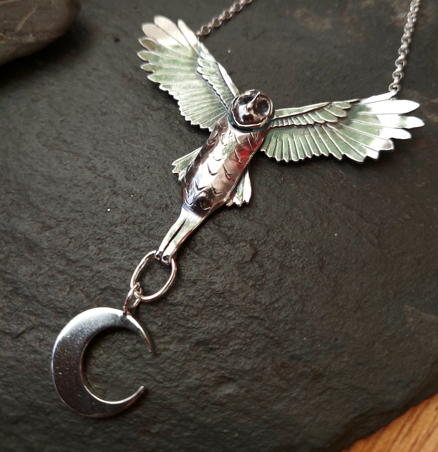 Silver Handmade owl , with crescent moon drop flying sterling owl necklace in sterling silver