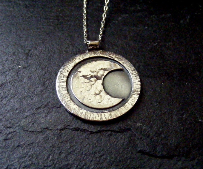 Silver Crescent Moon large textured pendant with silver trace chain