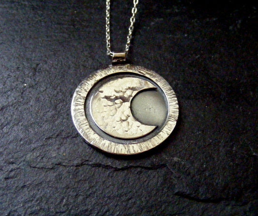 Silver Crescent Moon large textured pendant with silver trace chain