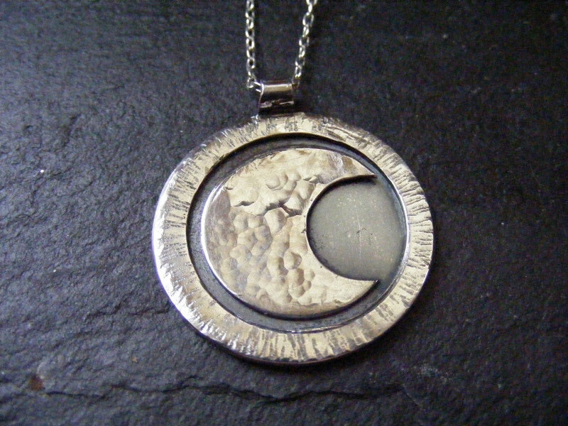 Silver Crescent Moon large textured pendant with silver trace chain