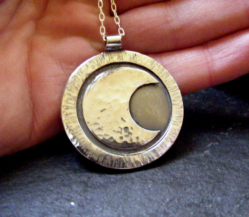 Silver Crescent Moon large textured pendant with silver trace chain