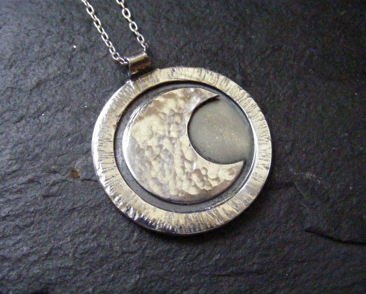 Silver Crescent Moon large textured pendant with silver trace chain