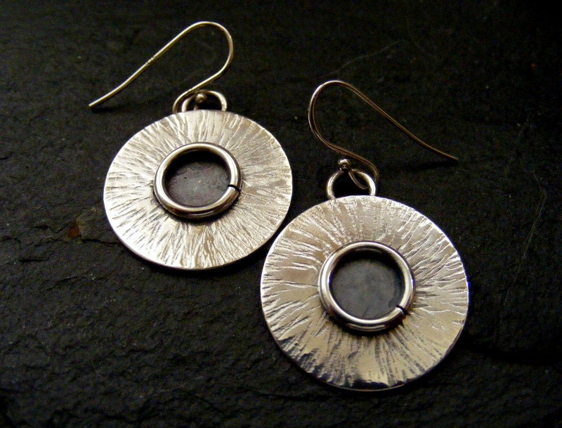 Silver Circle Dangle Earrings with hammered, oxidised detail