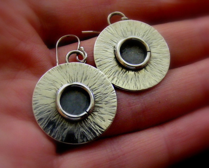Silver Circle Dangle Earrings with hammered, oxidised detail