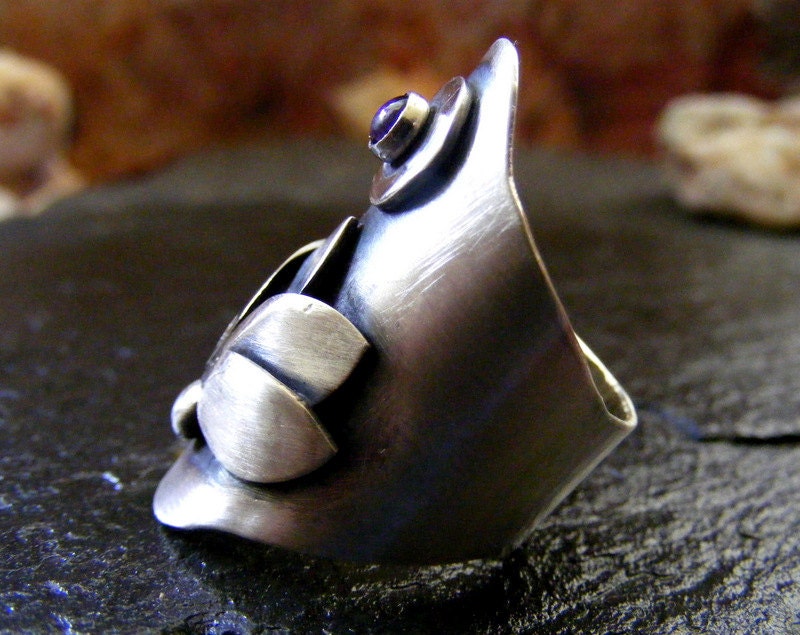 Silver Statement ring gemstone Lotus Flower ring with Amethyst ,Silver wide band gemstone Ring, Silver Cocktail Ring with precious stone