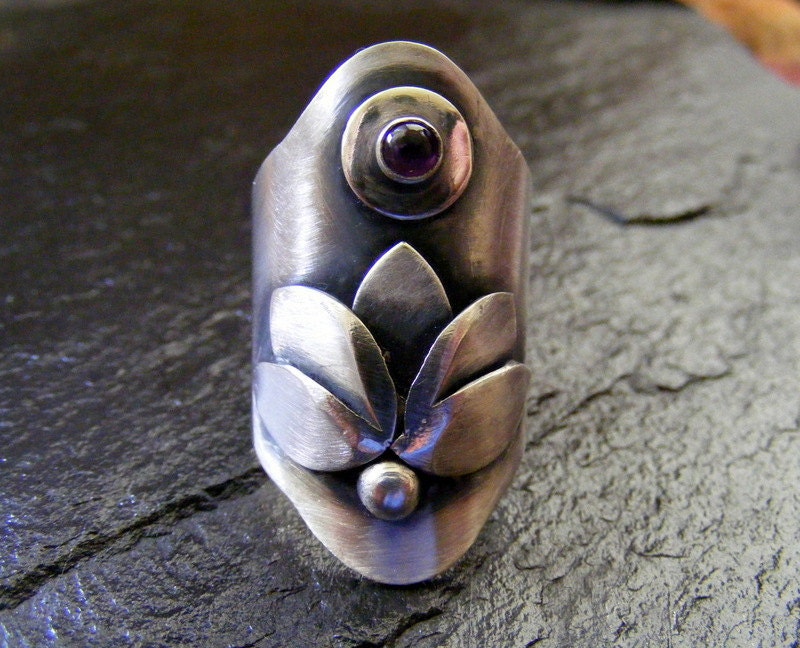 Silver Statement ring gemstone Lotus Flower ring with Amethyst ,Silver wide band gemstone Ring, Silver Cocktail Ring with precious stone