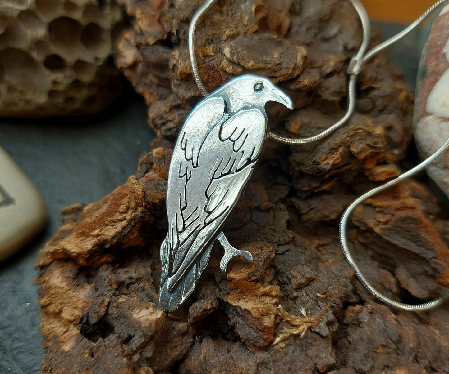 Silver large raven / crow necklace, sterling  bird necklace with sawn and stamped details
