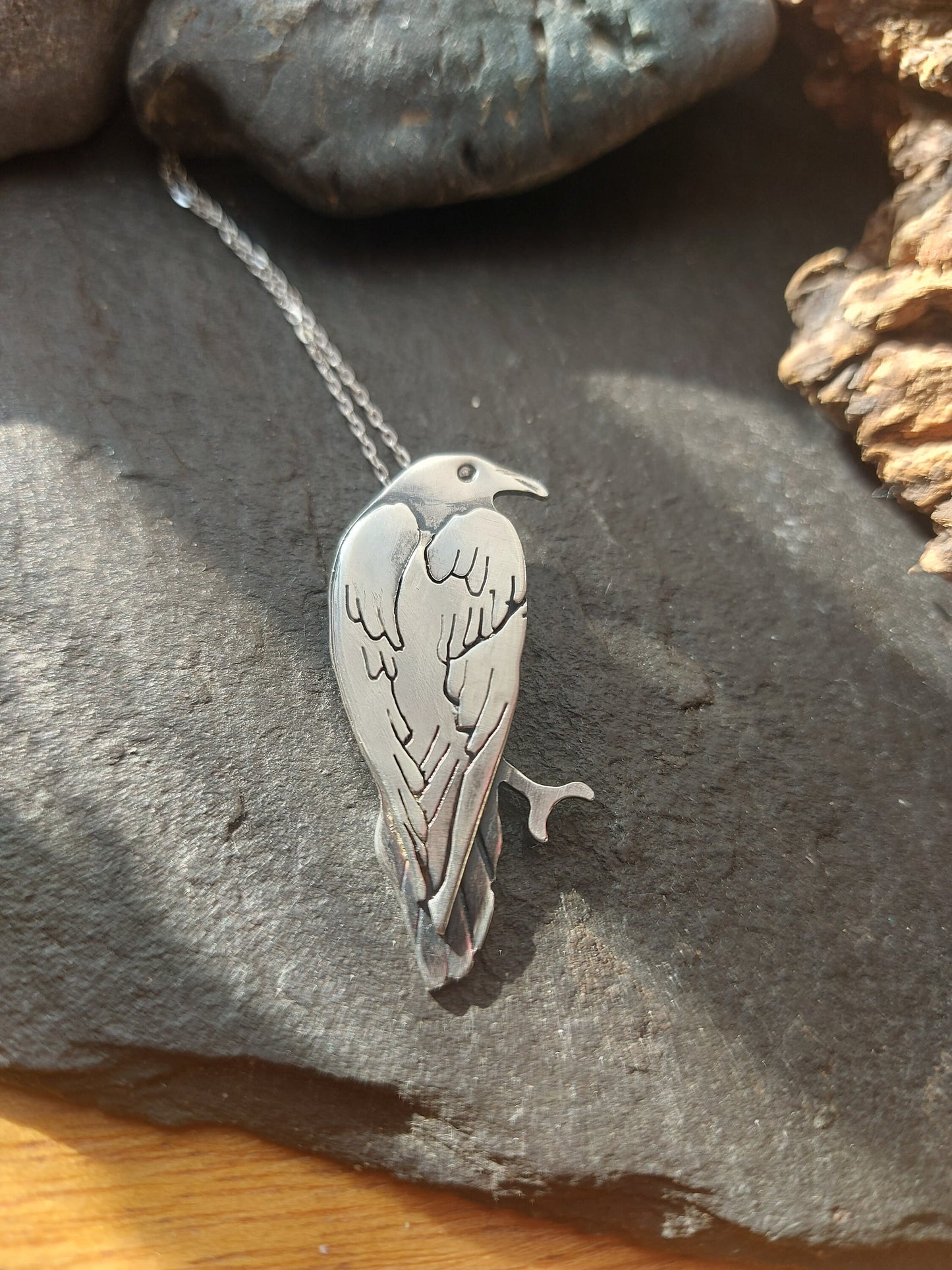 Silver large raven / crow necklace, sterling  bird necklace with sawn and stamped details