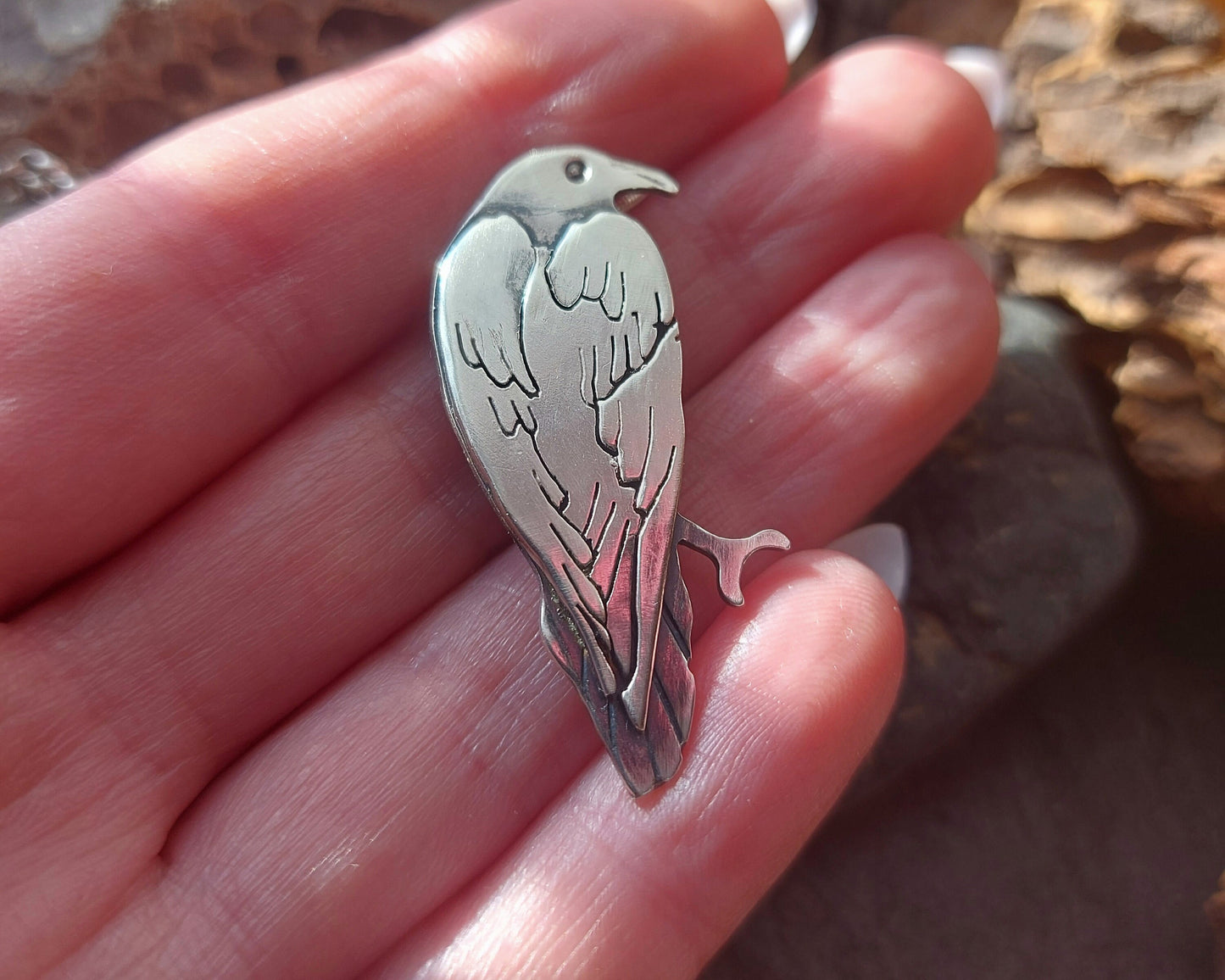 Silver large raven / crow necklace, sterling  bird necklace with sawn and stamped details