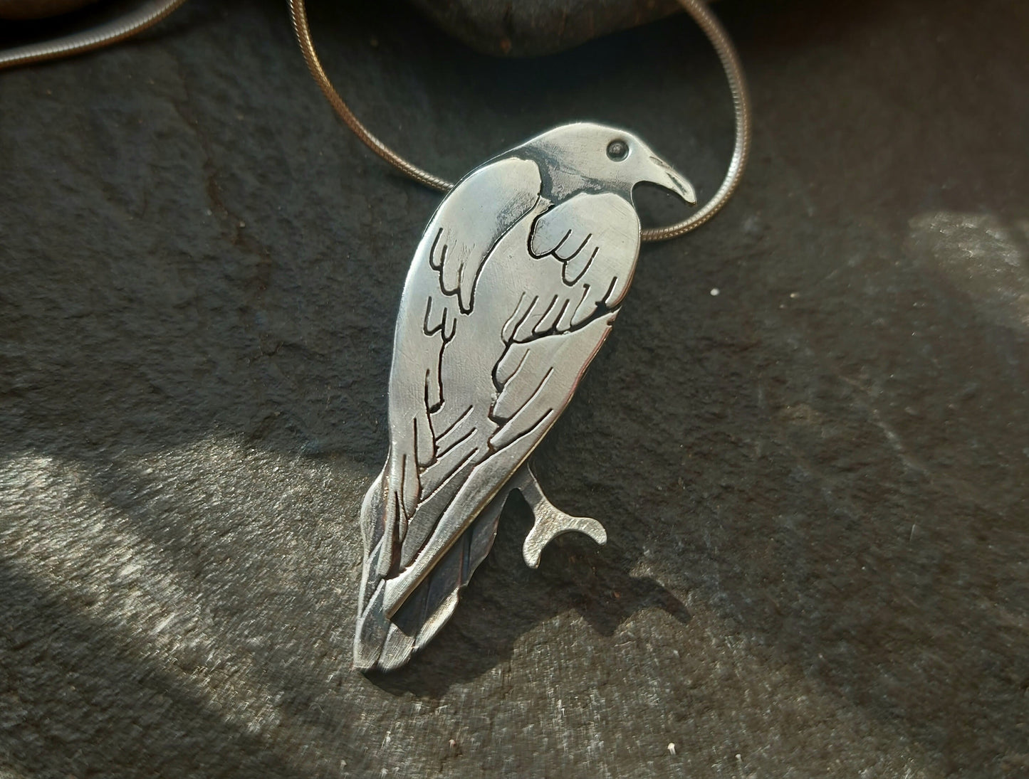 Silver large raven / crow necklace, sterling  bird necklace with sawn and stamped details