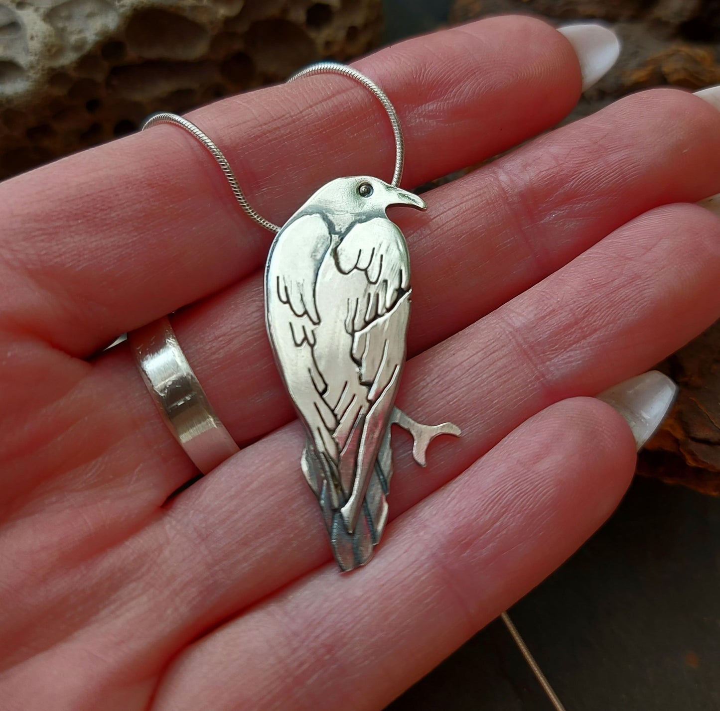 Silver large raven / crow necklace, sterling  bird necklace with sawn and stamped details