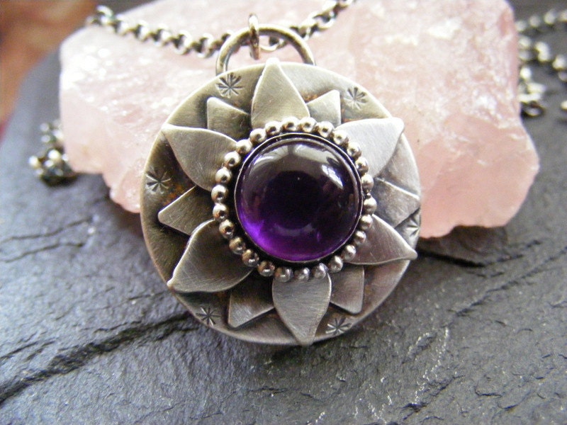 Silver Amethyst Lotus Flower pendant necklace Silver amethyst Water Lily Pendant