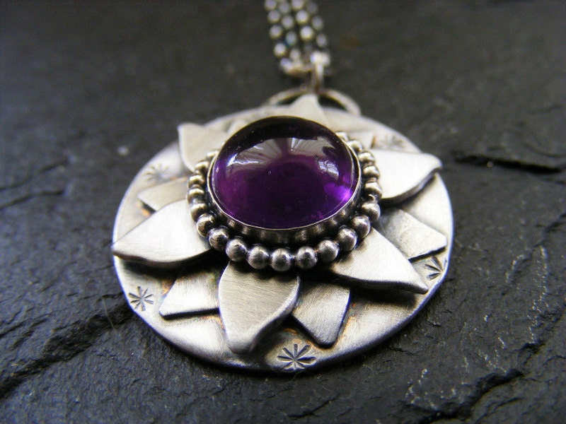 Silver Amethyst Lotus Flower pendant necklace Silver amethyst Water Lily Pendant