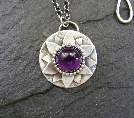 Silver Amethyst Lotus Flower pendant necklace Silver amethyst Water Lily Pendant
