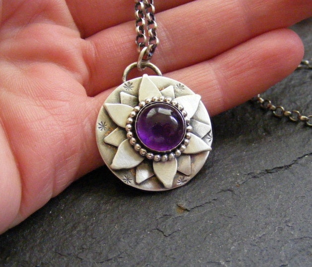 Silver Amethyst Lotus Flower pendant necklace Silver amethyst Water Lily Pendant
