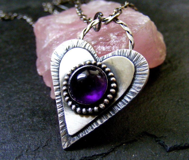 Silver Heart Amethyst pendant necklace Rustic silver heart