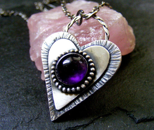 Silver Heart Amethyst pendant necklace Rustic silver heart