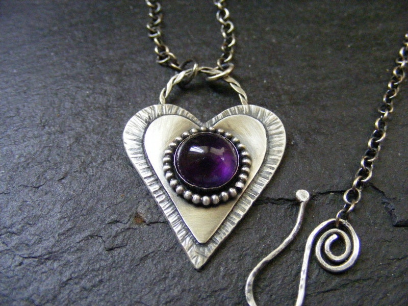 Silver Heart Amethyst pendant necklace Rustic silver heart