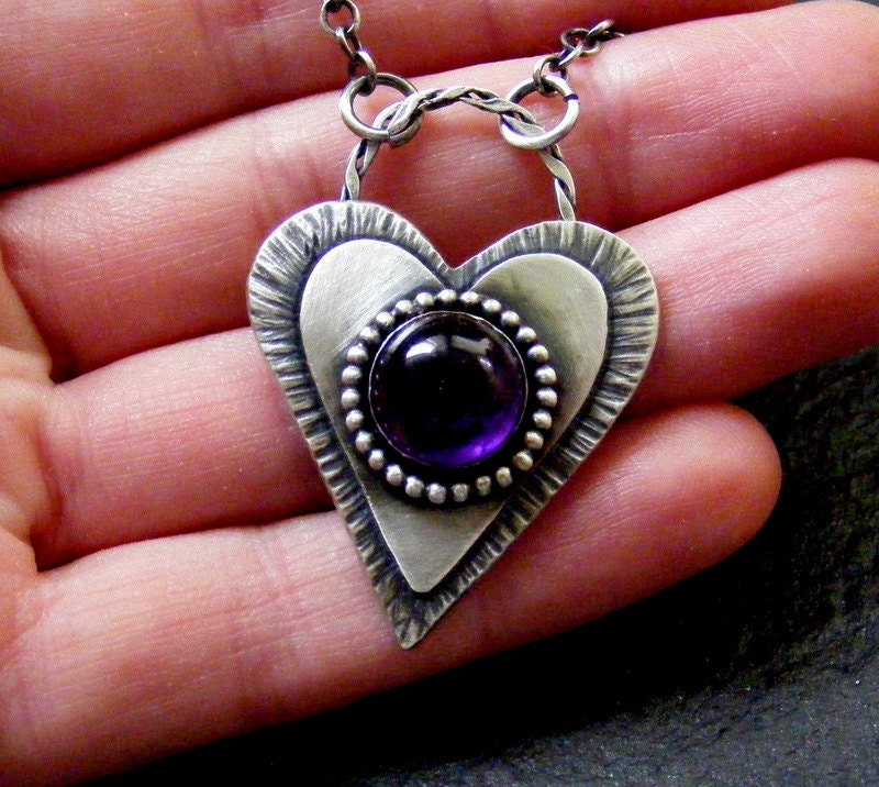 Silver Heart Amethyst pendant necklace Rustic silver heart
