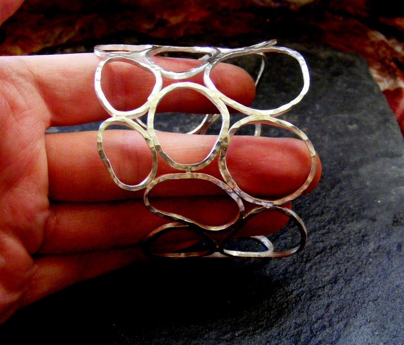 Silver Wide Cuff hammered Circles  silver bracelet