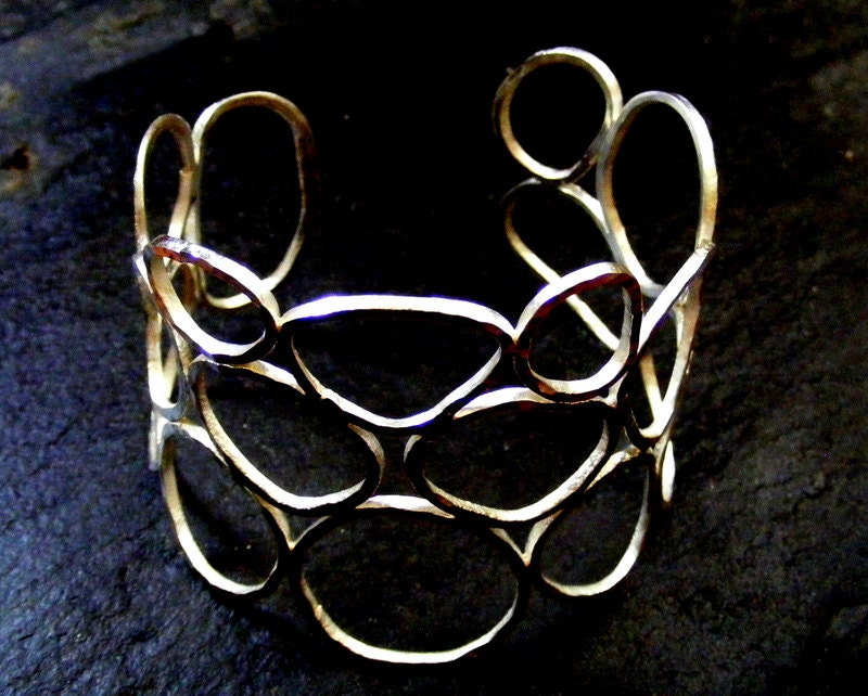 Silver Wide Cuff hammered Circles  silver bracelet