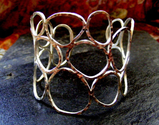Silver Wide Cuff hammered Circles  silver bracelet