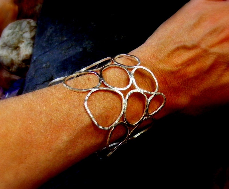 Silver Wide Cuff hammered Circles  silver bracelet