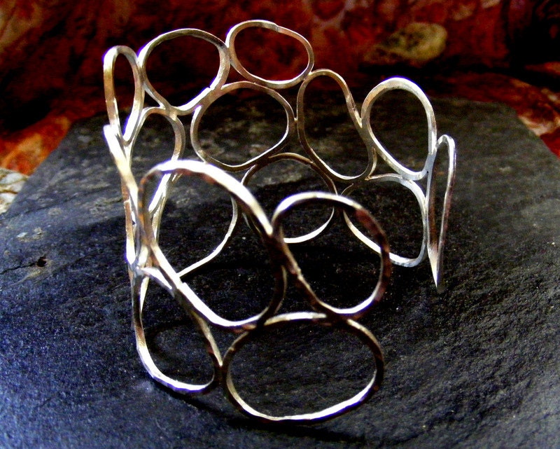 Silver Wide Cuff hammered Circles  silver bracelet