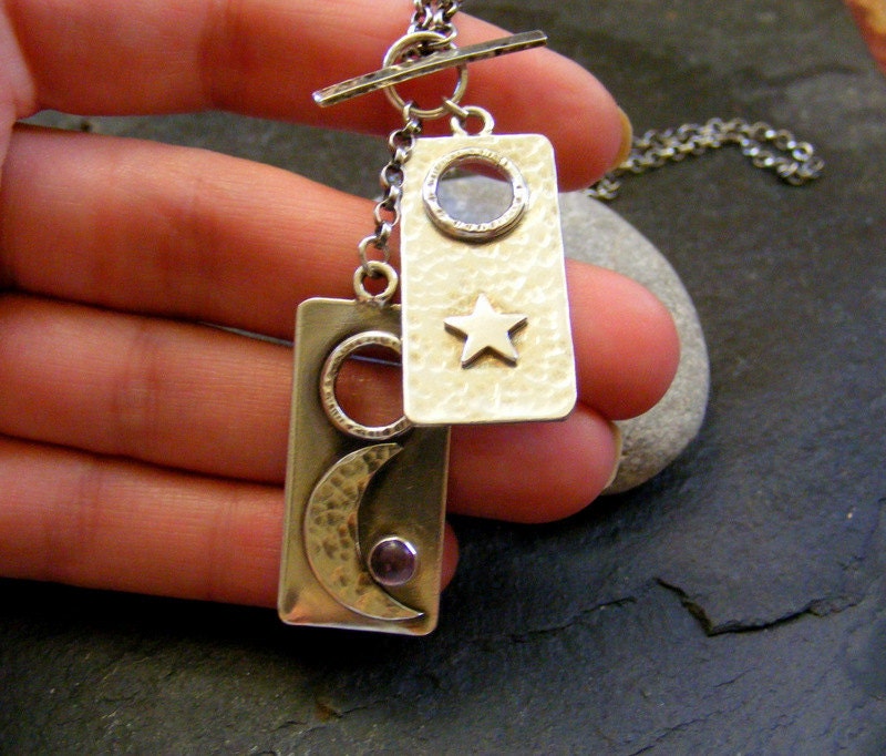 Silver Star and Moon Amethyst Double Tag Toggle Celestial Necklace