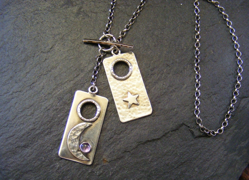 Silver Star and Moon Amethyst Double Tag Toggle Celestial Necklace